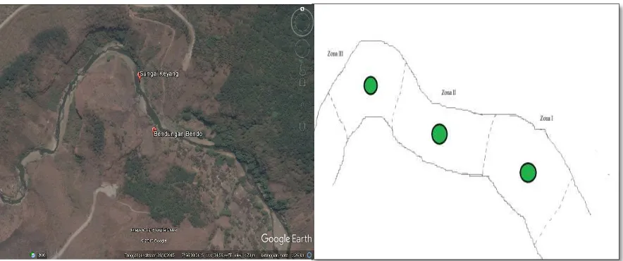 Gambar 1. Lokasi stasiun penelitian di Sungai Keyang, Ponorogo (Sumber: Google earth, 2017)   