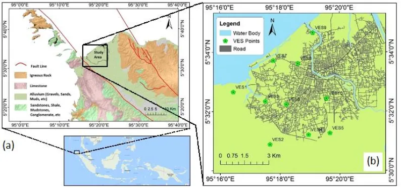Figure 1. (a) The Geology Map around Banda Aceh City, modified from Bennet, et al. [7], and (b) the location of VES points