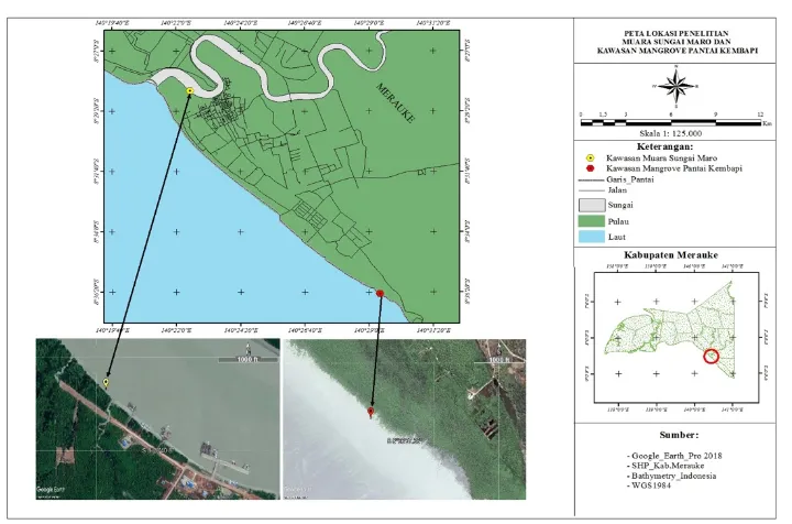 Gambar 1. Lokasi Penelitian, Muara Sungai Maro dan Kawasan Mangrove Pantai Kembapi 