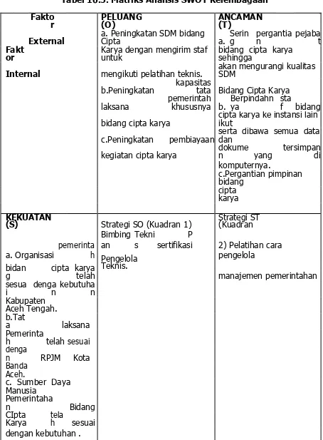 Tabel 10.5. Matriks Analisis SWOT Kelembagaan 