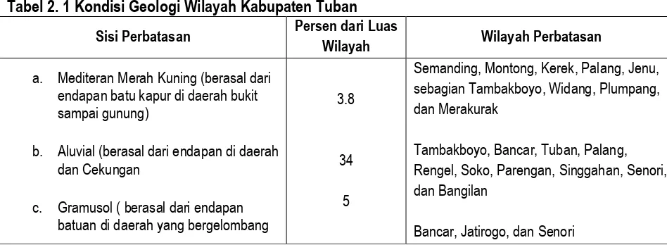 Tabel 2. 1 Kondisi Geologi Wilayah Kabupaten Tuban 