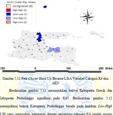 Gambar 5.12 Peta Cluster Hasil Uji Bivariat LISA Variabel Cakupan K4 dan 