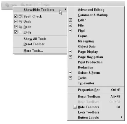FIGURE 1.18Open a context menu on a toolbar and select Show/Hide Toolbars to open a submenu where all toolbars can be