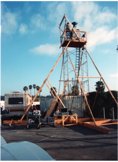 Figure 2.6: It some cases it was necessary to build steady platforms for the camera. This structure built by master grip Larry Shuler shows the typical opposing strut design that takes all movement out of the tower