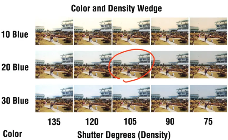 Figure 2.16: In this wedge, only the painting changes color and density. An instant composite is obtained because the painting is being photographed on top of the previously exposed live action