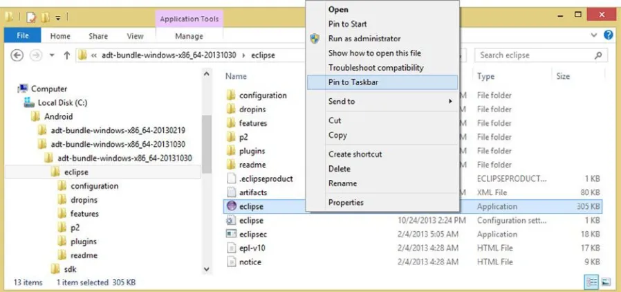 Figure 1-8. An adt-bundle-windows-x86_64-20131030 folder (Android 4.4) next to the Android 4.2 folder