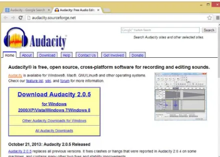 Figure 1-16. The audacity.sourceforge.net home page and Download Audacity 2.0.5 link for Windows OS version