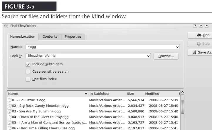 FIGURE 3-5Search for files and folders from the kfind window.