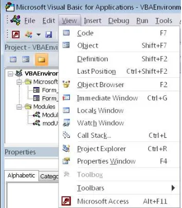 Figure 1-9 From the View menu, you can open different types of Editor windows. Note the Proj-ect window in the background with its expandable folders