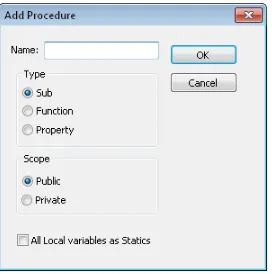 Figure 1-14 Creating a new procedure by using the ground shows the keyword and the procedure name typed in; the foreground window shows the Sub keyword