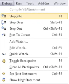 Figure 1-42 Using the Step commands on the Debug menu, you can trace through the execution of your code.