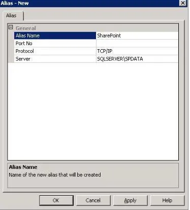 FIGURE 1-12 Alias dialog box from the SQL Server Configuration Manager