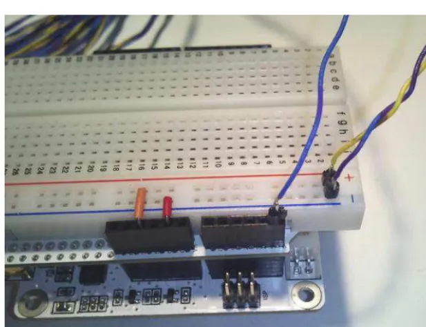 Figure 2-6. The cable is inserted in the breadboard shield, which has been stacked onto a FreakDuino board