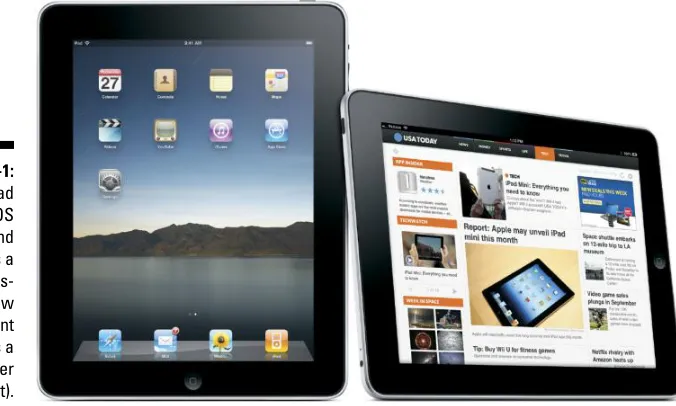 Figure 1-1: play to show newspaper The iPad runs iOS (left) and offers a larger dis-content such as a (right)
