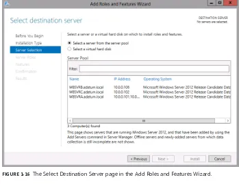 FIGURE 1-16 The Select Destination Server page in the Add Roles and Features Wizard. 