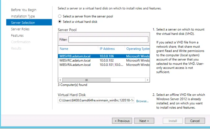 FIGURE 1-19 The Select Destination Server page in the Add Roles and Features Wizard. 