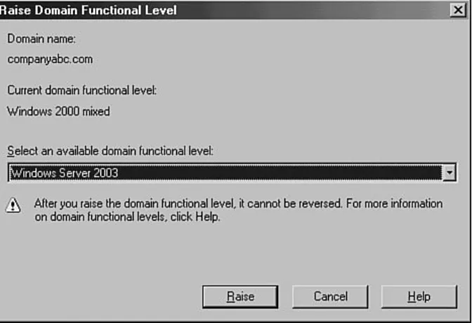 Figure 4.3. Raising the functional level of theWindows Server 2003 domain.