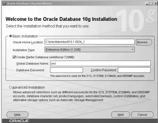 Figure 7-4: The Oracle Database 10g Universal Installer initial page.