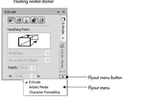 FIGURE 2-4 Nested dockers can float and you can resize them and access individual dockers from the flyout menu.