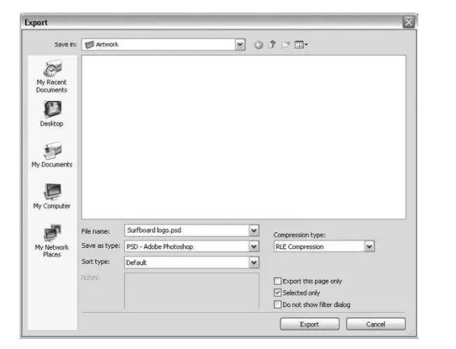 FIGURE 3-8 The Export dialog is the first step to exporting your current document page or selected objects.