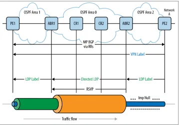 Figure 2-14. An MPLS VPN (VRF label distribution via route reflection) over an MPLSTE core (all over an OSPF underlay)