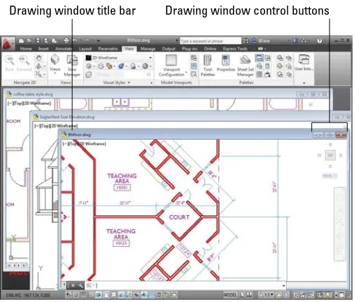 Figure 2-2: The AutoCAD screen with several windowed drawings in view.