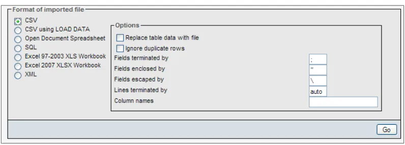 table. We use the default values in the CSV export options. We can then Empty the author table—we should avoid dropping this table because we still need the table structure.