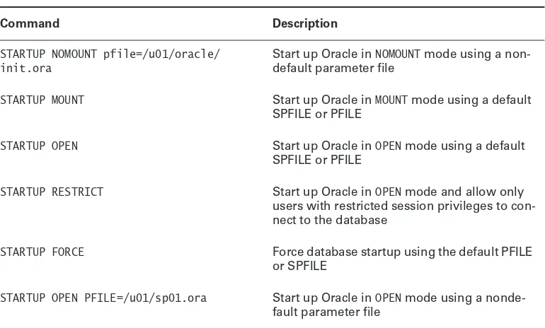 Table 2.5 shows some examples of startup commands that you can use from within SQL*Plus.
