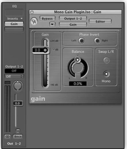 Figure 5.1 Logic’s Gain plugin enables summing a stereo signal to mono.