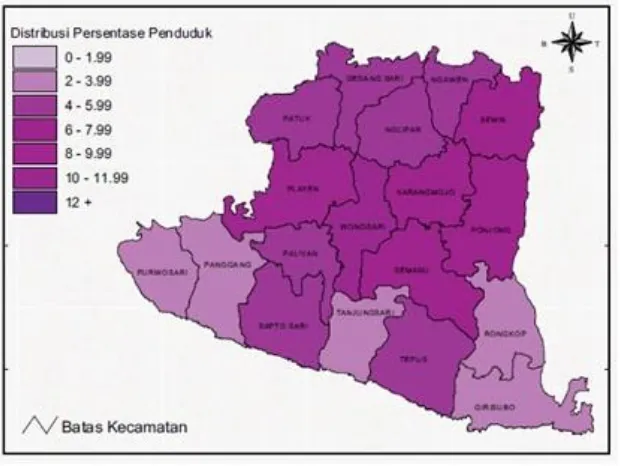 Gambar 4. 10 Jumlah penduduk Kab. Gunungkidul Tahun 2014 per kecamatan (BPS, 2014) 