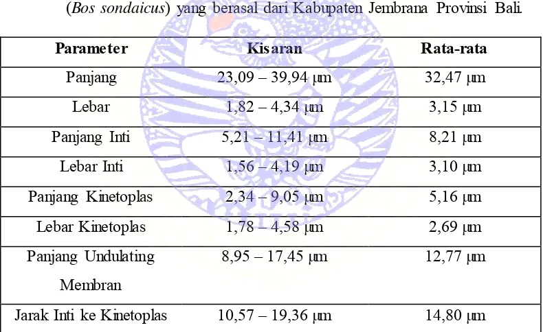 Tabel 4.1 Hasil pemeriksaan morfometri Trypanosoma sp. pada darah Sapi Bali (Bos sondaicus) yang berasal dari Kabupaten Jembrana Provinsi Bali