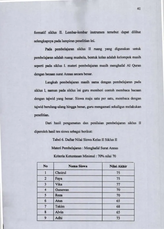 Tabel 6. Daftar Nilai Siswa Kelas II Siklus II 