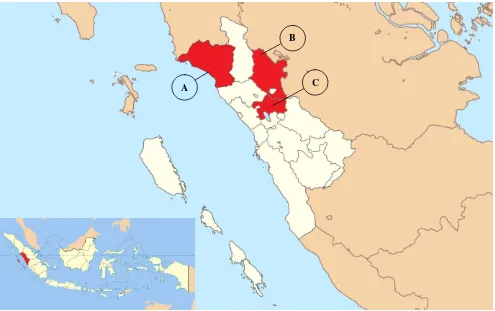 Figure 1. Study sites in West Sumatra, Indonesia. A. Pasaman Barat, B. Limapuluh Kota, C