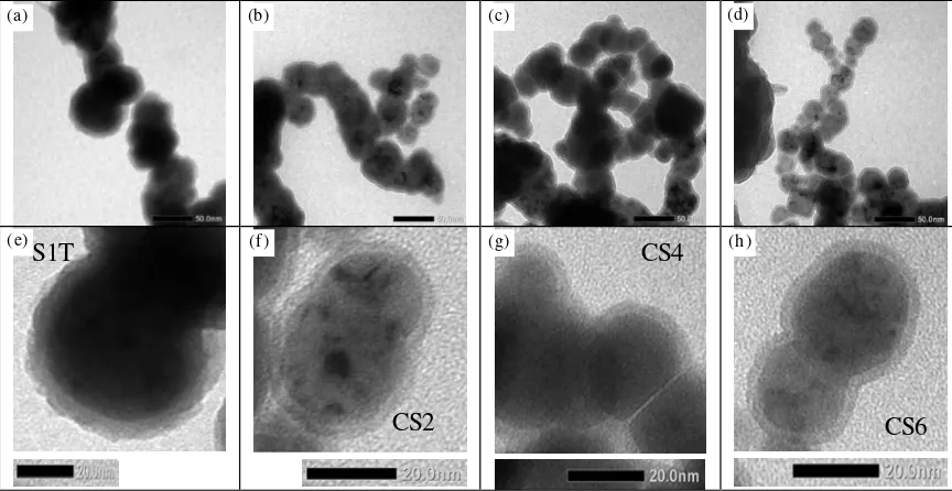 Gambar 2.setelah proses oksidasi Foto hasil pengamatan TEM nanopartikel core/shell hasil pencucian 3x (S1T) dan hasil modifikasi (CS2, CS4, CS6) TMNO (skala 50 nm untuk gambar umum dan 20 nm untuk gambar detail)