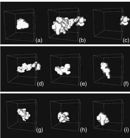 FIGURE 1Three-dimensional distributions of coordinates for two atoms400–600 ps, (1200–1400 ps
