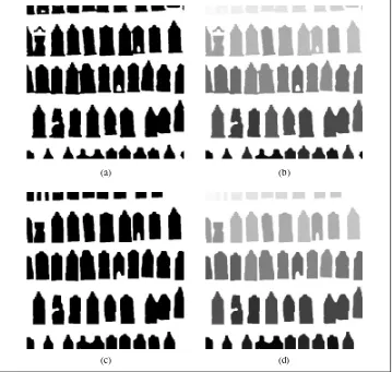 Figure 1-12. An example of morphology. Binary opening to separate objects followed by countingthem: (a) original binary image; (b) label image corresponding to the original, grayvalues indicateobject index; (c) binary image after opening; (d) label image corresponding to the opened image.