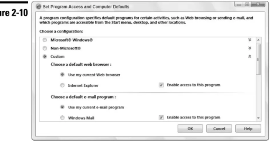 Figure 2-10 shows you the Set Program Access and Computer Defaults dialog box on my computer after expanding its Custom section to display the default Web browser and default E-mail program settings.