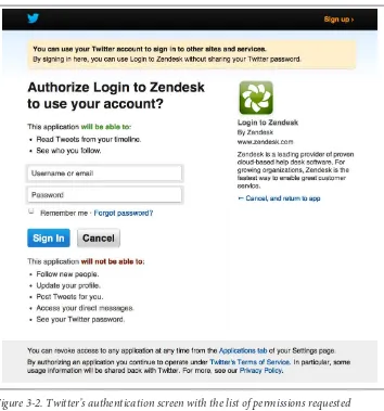 Figure 3-2. Twitter’s authentication screen with the list of permissions requested