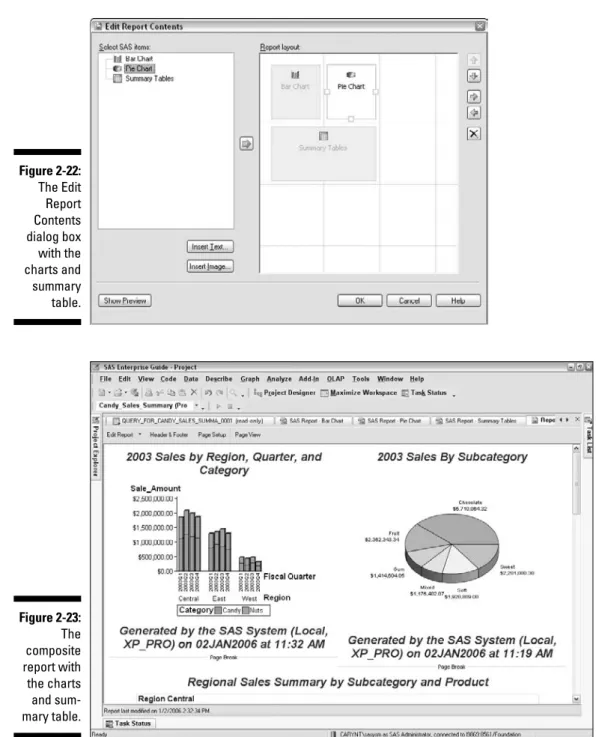 Figure 2-23: The composite report with the charts and  sum-mary table. Figure 2-22:The EditReportContentsdialog boxwith thecharts andsummarytable.