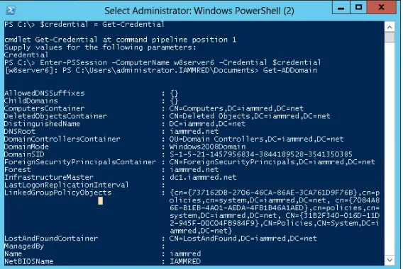 FIGURE 3-2 Using Windows PowerShell 4.0 remoting to obtain Active Directory information without first loading the module