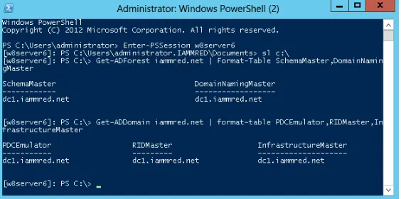 FIGURE 3-3 Using Windows PowerShell remoting to obtain FSMO information.