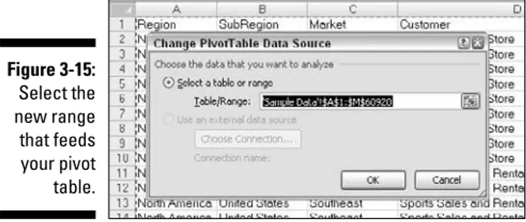 Figure 3-16: The three layouts for a pivot table report.Figure 3-15:Select thenew rangethat feedsyour pivottable.