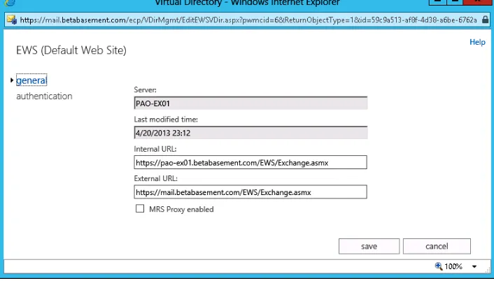 Figure 1-4 The settings for the default EWS virtual directory, which include an internal and external URL