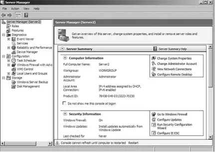 FIGURE 1.2 Server Manager, showing the default options in a new Windows Server 2008 installation.