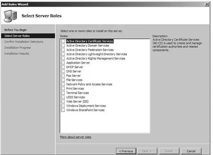 FIGURE 1.3 The Add Roles Wizard enables you to select from a series of roles that you can add to your server.