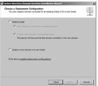 FIGURE 1.5 The wizard provides options for installing a domain  controller in an existing  forest or a new one.