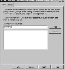 FIGURE 1.9 You can configure alternate UPN suffixes from the Active Directory Domains and Trusts Properties dialog box.
