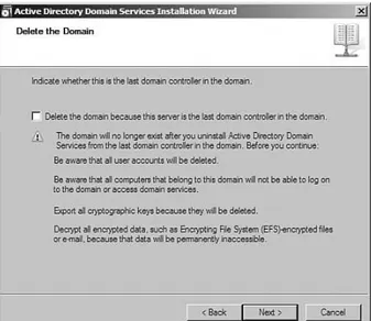 FIGURE 1.10 When you demote a domain controller, you are warned of the effects of deleting the domain.