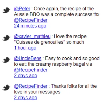 Figure 2.7. Our Yummy Tweets after adding the Twitter icons using pseudo-elements