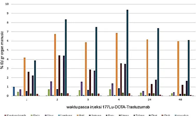 Gambar 2. Hubungan estimasi %ID/gr organ manusia terhadap waktu pasca penyuntikan 177Lu-DOTA-Trastuzumab pada beberapa organ